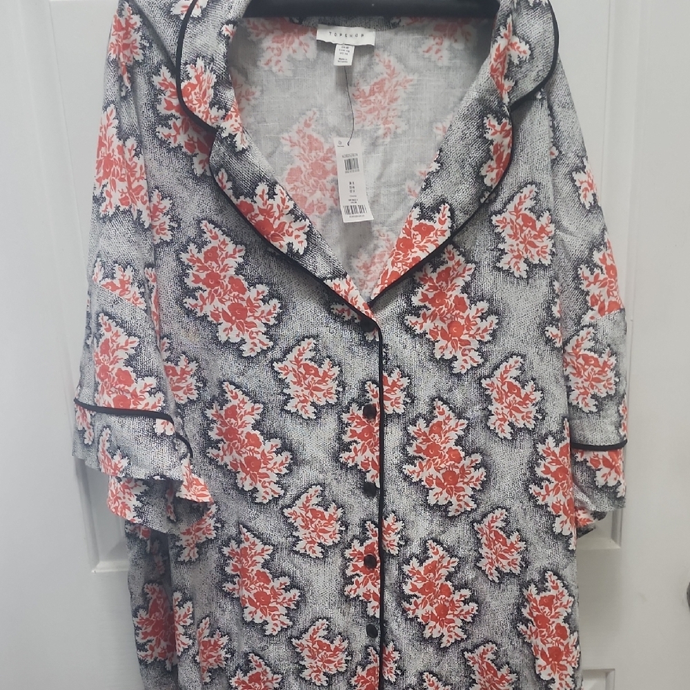 Topshop Coral and Gray Floral Blouse